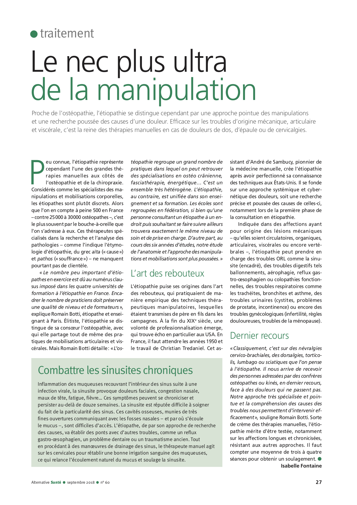 Article dans « Alternative santé » N°60 -Septembre 2018 – Le nec plus ultra de la manipulation